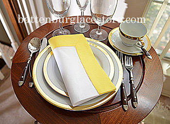 White Hemstitch Dinner Napkins with Aspen Gold border